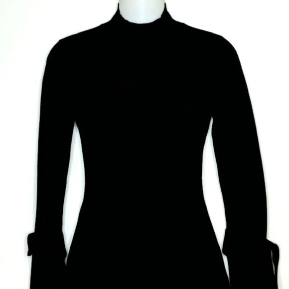 DESIGNER KAREN MILLEN BLACK MOCK NECK SWEATER KNIT DRESS TIE SLEEVES SIZE XS LBD - Picture 2 of 10